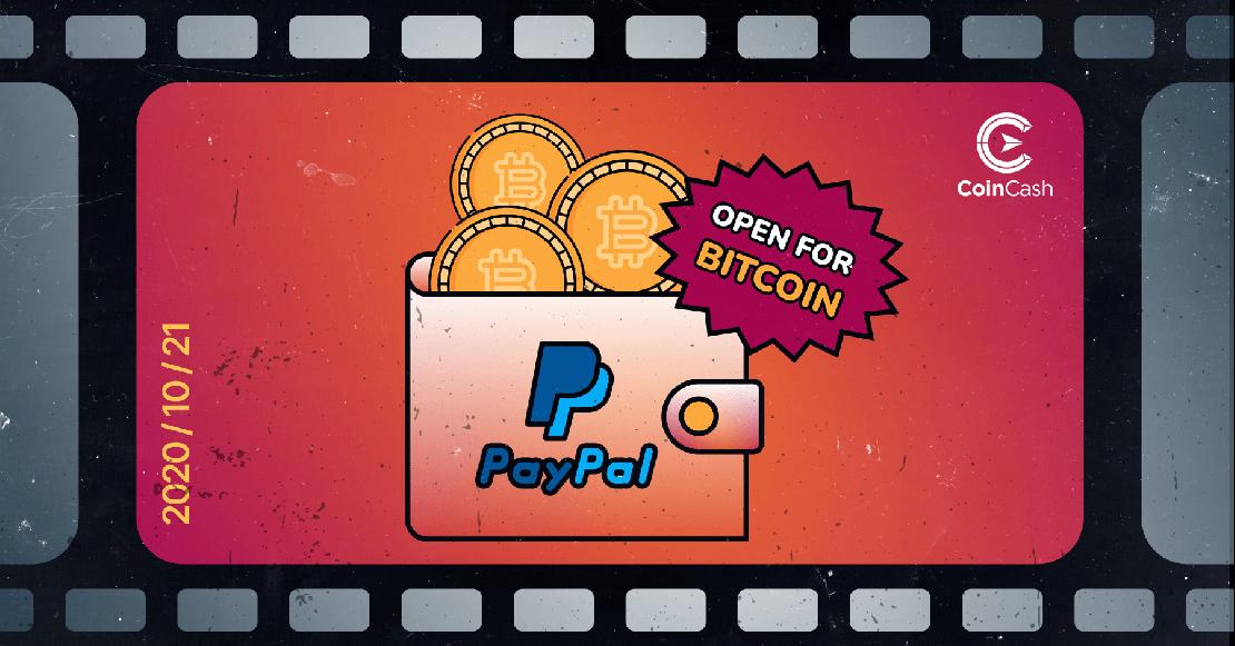 Egy PayPal logóval ellátott pénztárca, mellette open for bitcoin felirattal